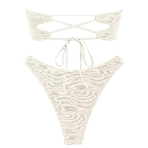 Zaful Women’s Bikini M Cream Bandeau Strapless Tie Back Cheeky Textured Set - Picture 8 of 11